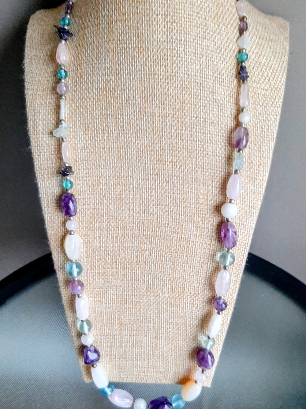 Multi-Gemstone Long Beaded Necklace in Purple, Aqua & White